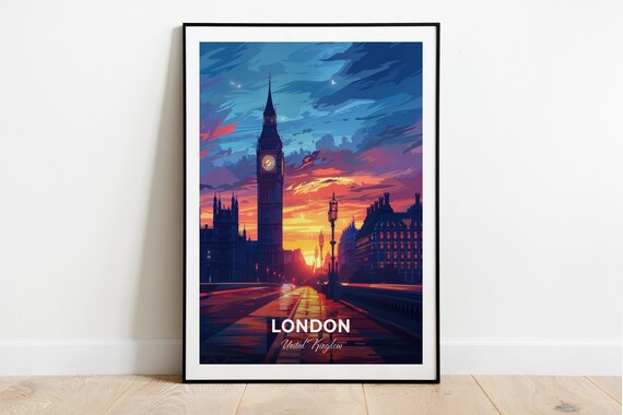 London Big Ben Sunset Westminster Bridge England UK Vintage Travel Poster