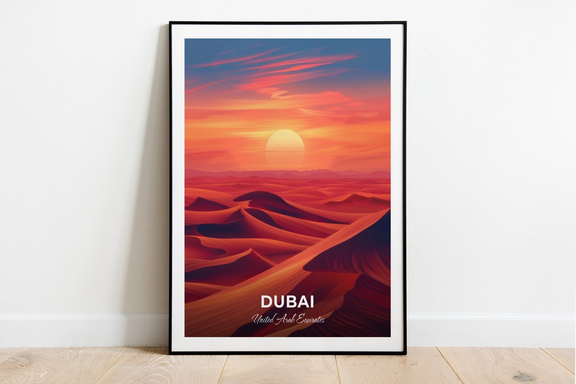 Dubai UAE Desert Safari Sunset Dunes Golden Glow Travel Poster