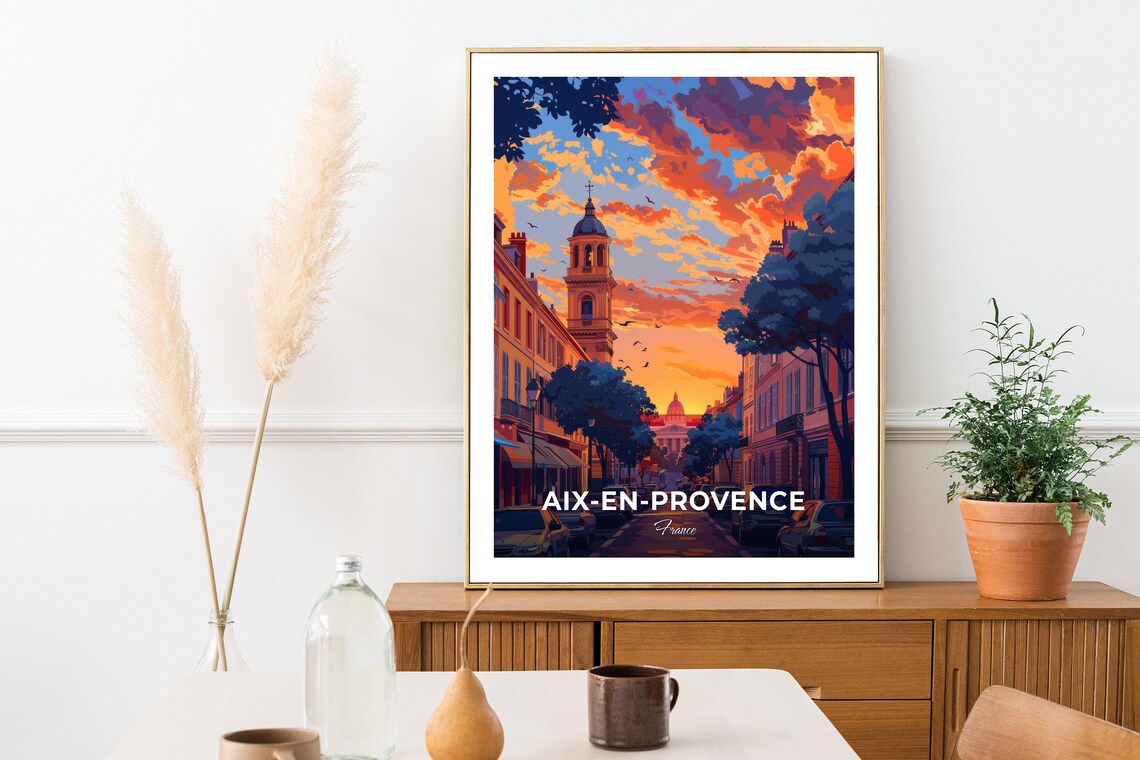Aix En Provence France Sunset Old Town Street Bell Tower Travel Poster - Image 2