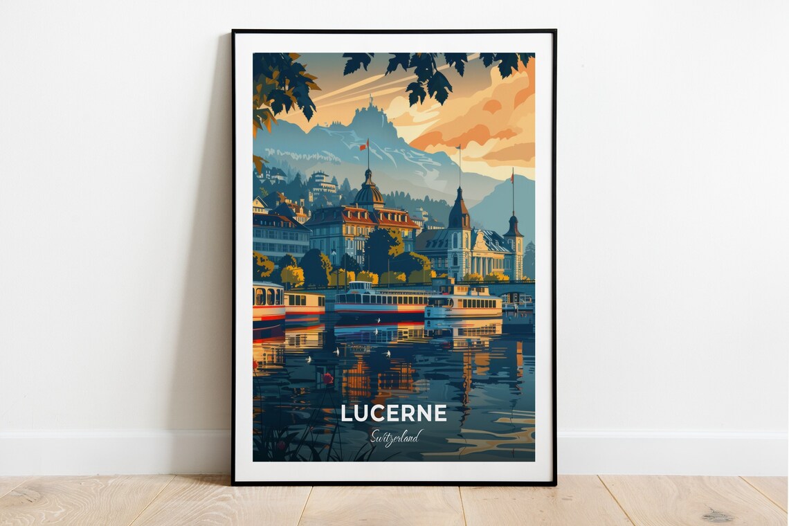 Lucerne Switzerland Lakeside Tour Boats Beneath Grand Mountain Poster