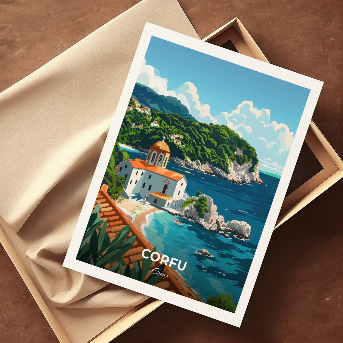Corfu Greece Monastery Golden Dome Island Coast Travel Poster - Image 3