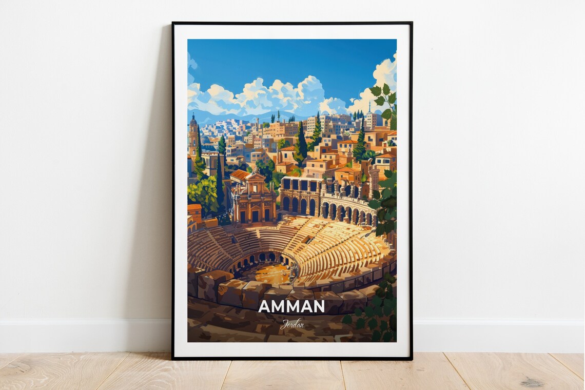 Amman Roman Theatre Ancient Cityscape Jordan Vintage Travel Poster