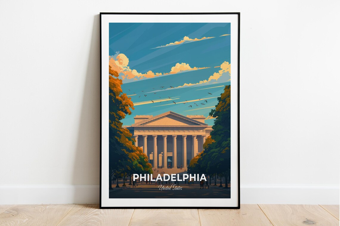Philadelphia USA Neoclassical Columns Landmark Vintage Travel Poster