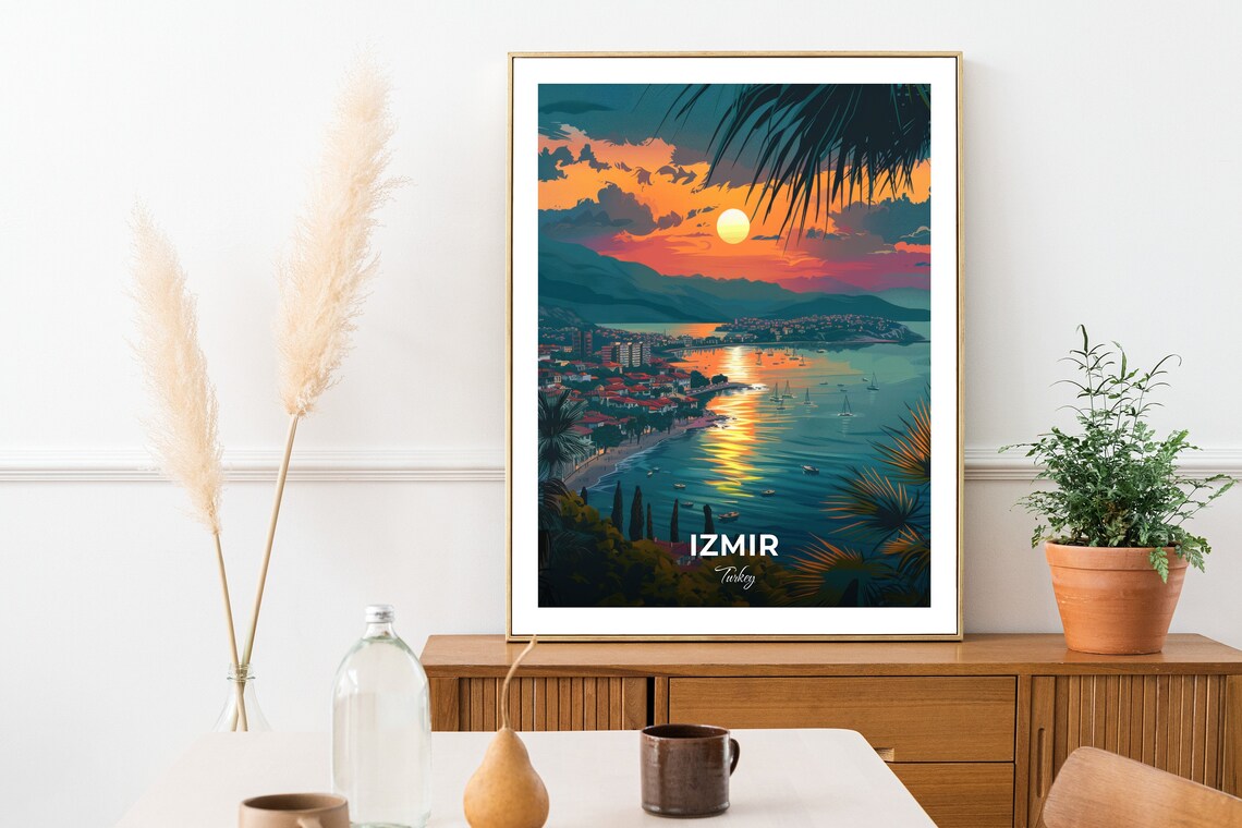 Izmir Bay At Sunset View From Above With Palm Trees Turkey Travel Poster - Image 2
