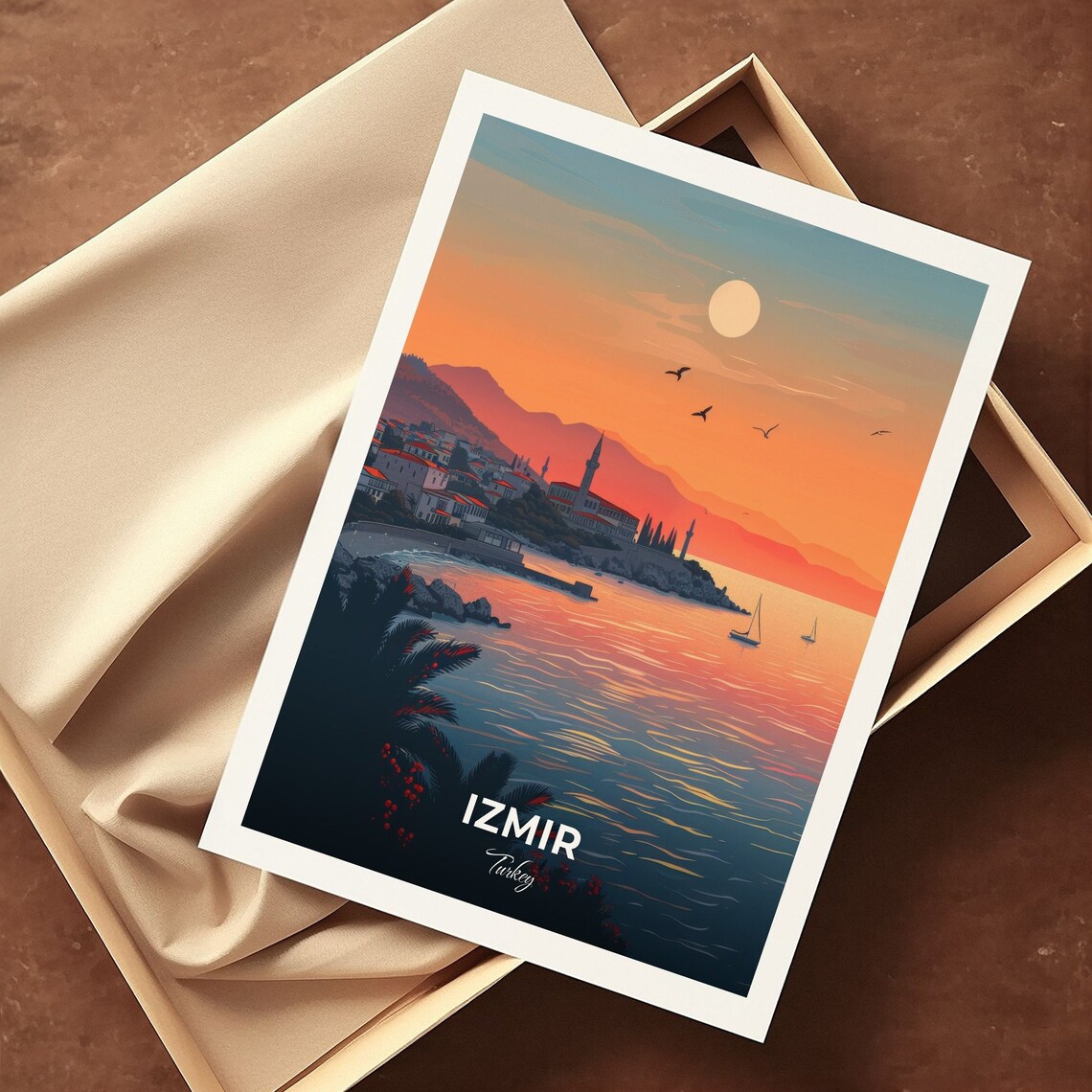 Izmir Turkey Coastal Sunset Travel Poster Harbour Sailboats Evening Light - Image 3