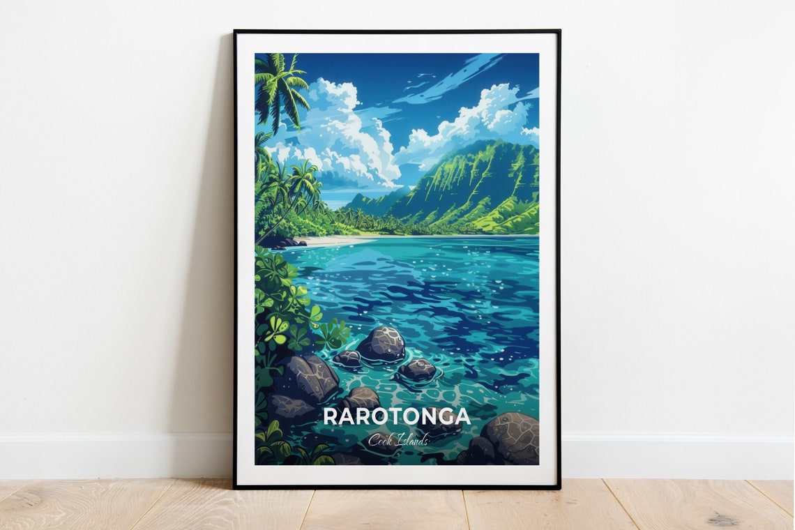 Rarotonga Cook Islands Turquoise Lagoon and Palms Travel Poster