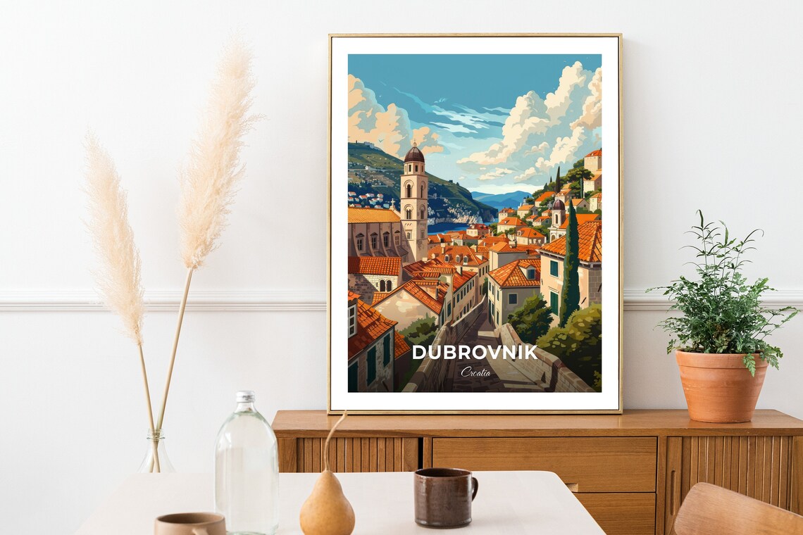 Dubrovnik Croatia Old Town Rooftops Church Tower Sea View Travel Poster - Image 2