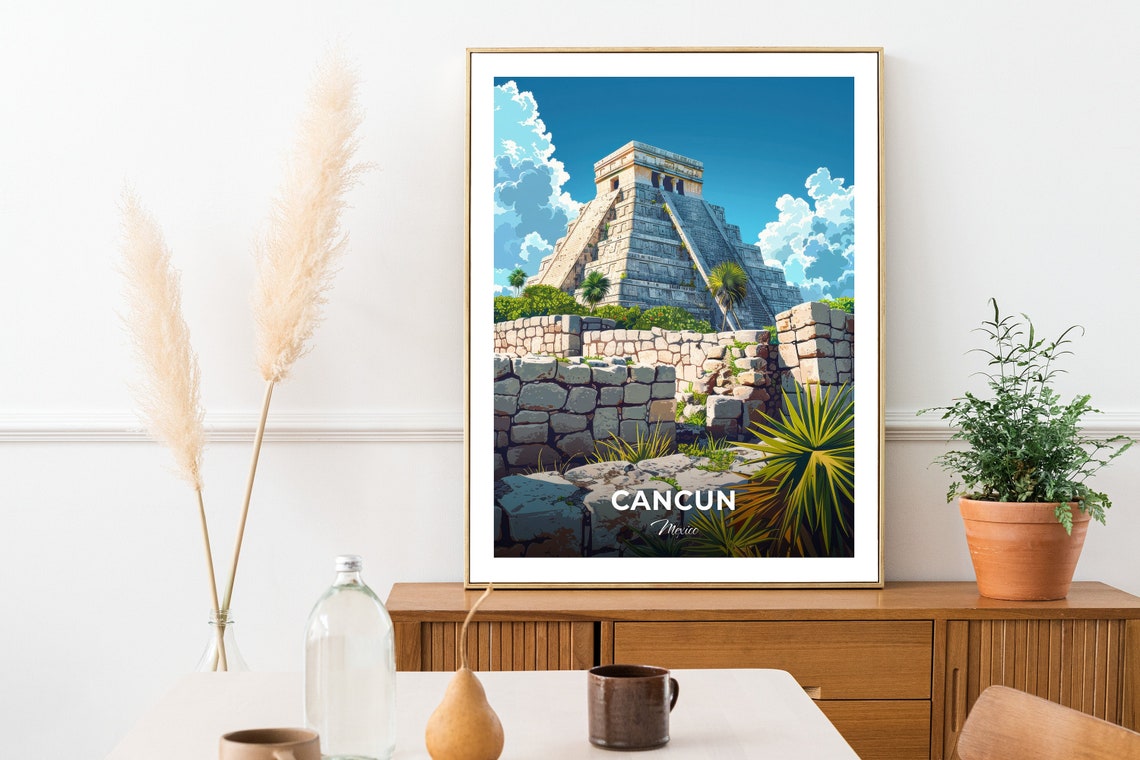 Cancun Mexico Maya Pyramid Ancient Stone Ruins Jungle Travel Poster - Image 2