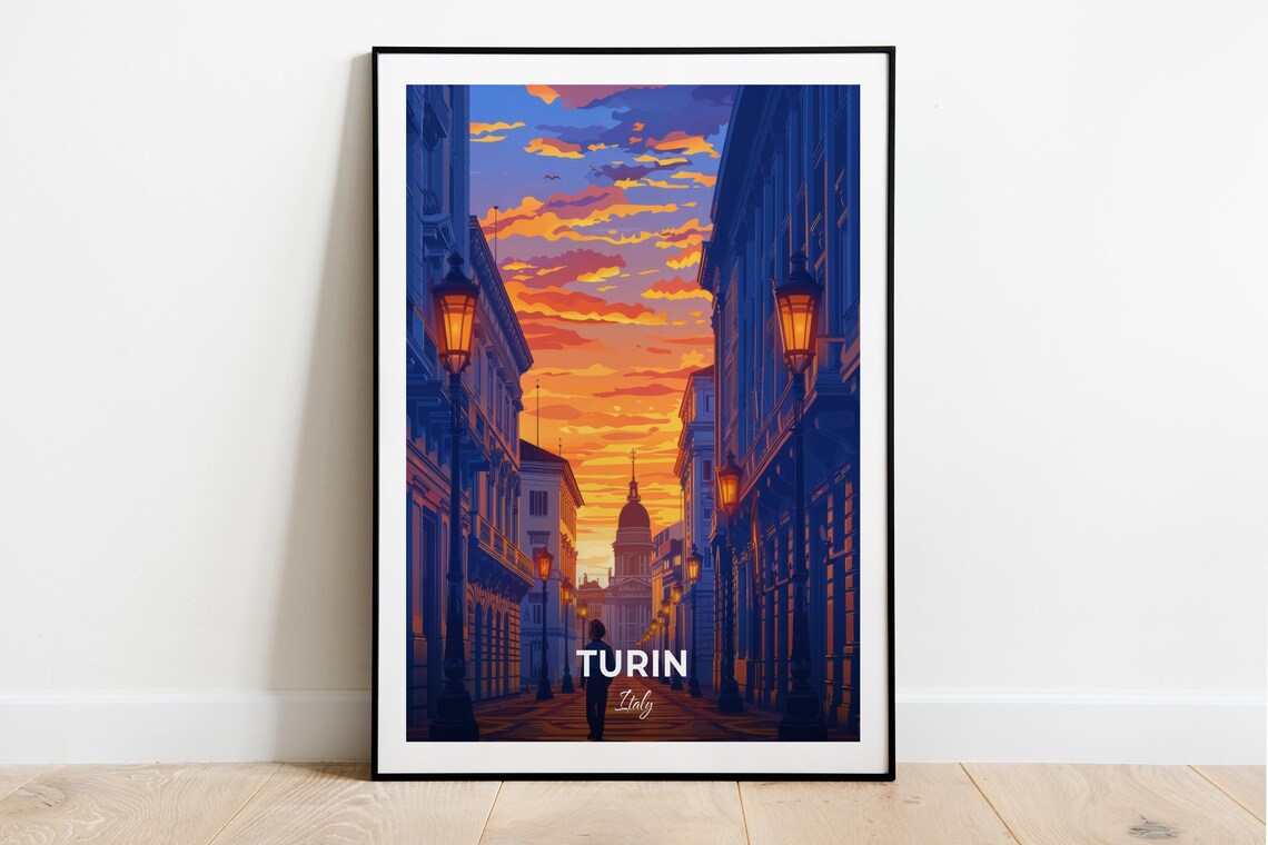 Turin Italy Sunset Street Scene Italian Vintage Travel Poster