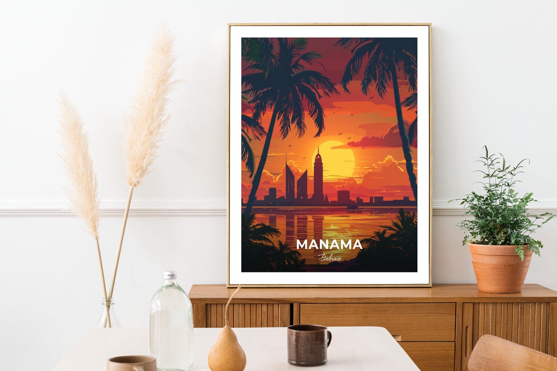 Manama Bahrain Bay Sunset Palms Skyline Golden Glow View Poster - Image 3