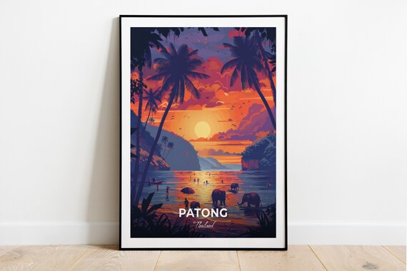 Patong Thailand Sunset Beach Palms and Elephants Travel Poster