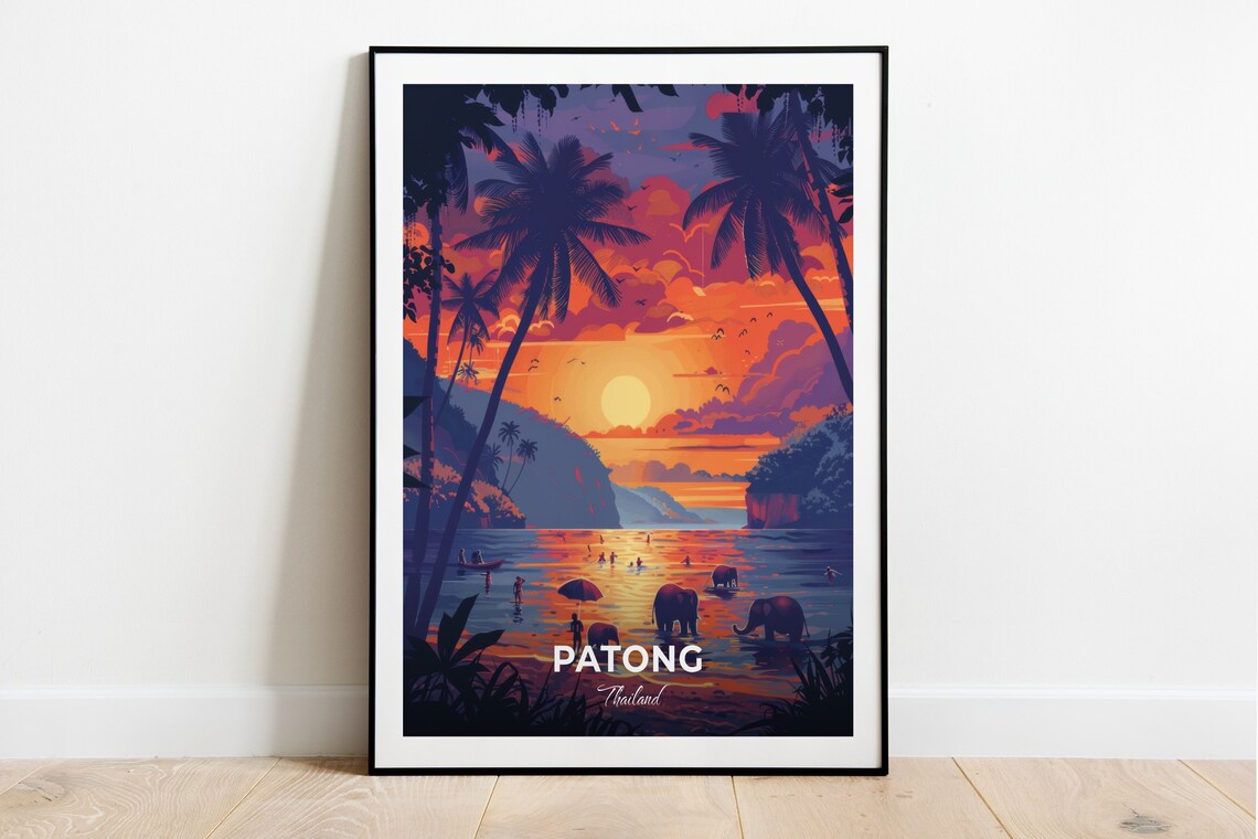 Patong Thailand Sunset Beach Palms and Elephants Travel Poster
