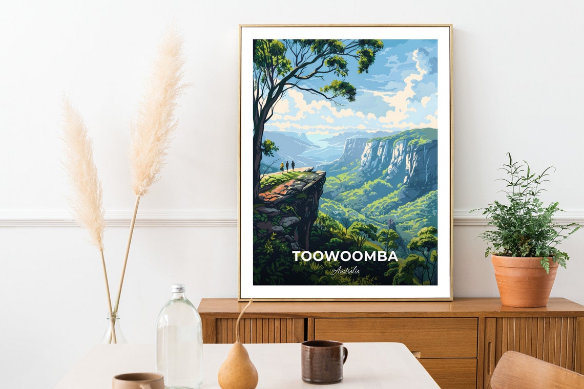 Toowoomba Australia Hikers on Cliffs Overlooking Green Valley Poster - Image 3