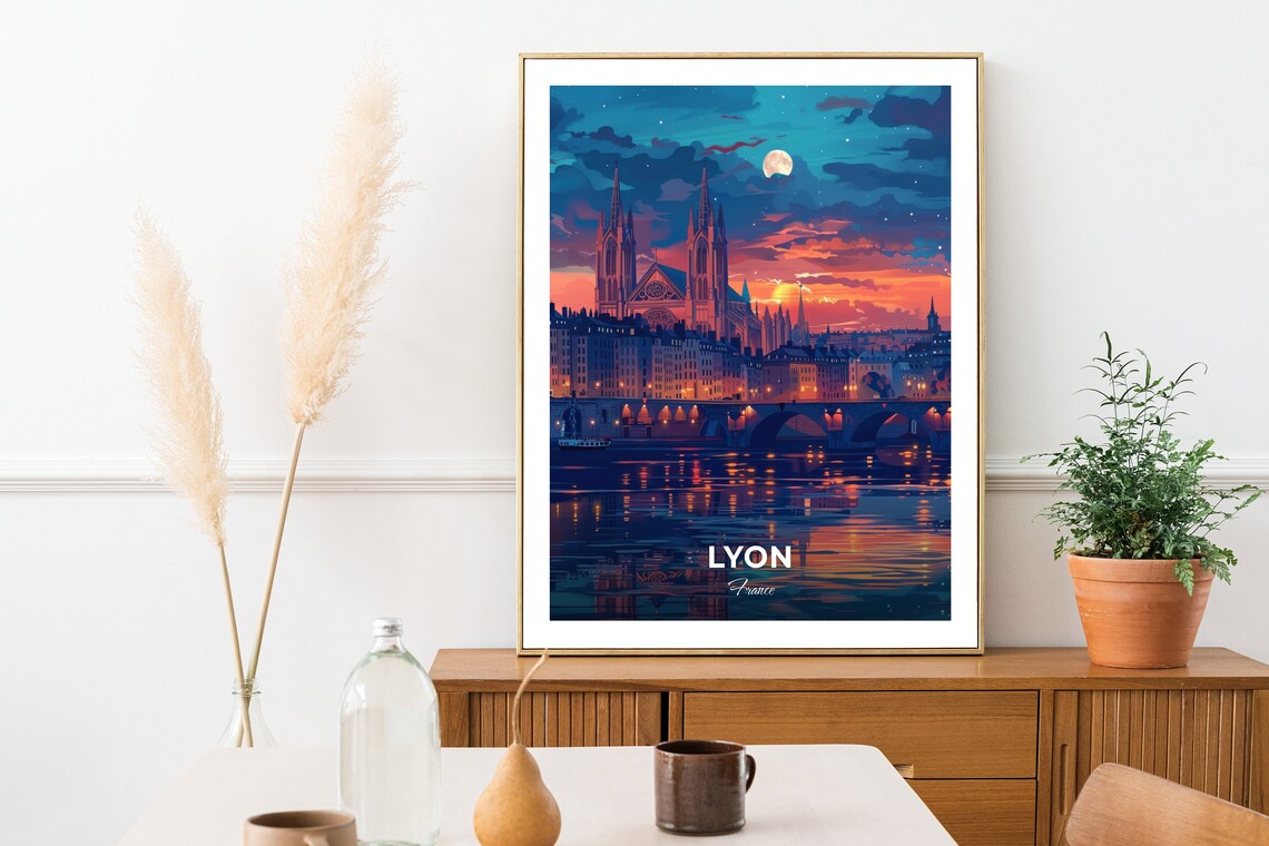 Lyon France Gothic Cathedral At Dusk Under Rising Moon And Lights Poster - Image 2