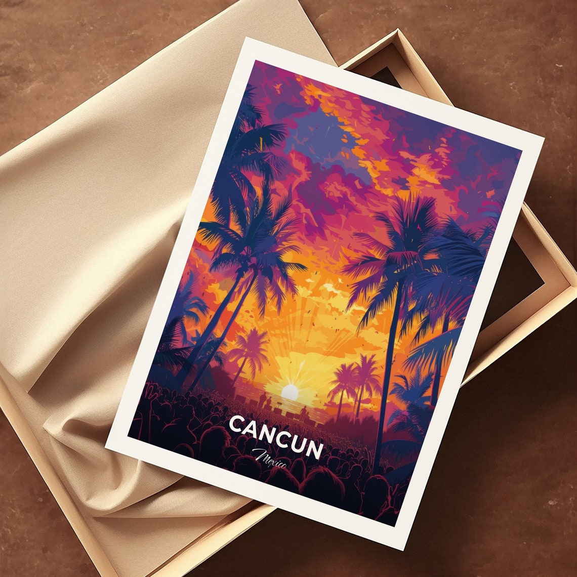 Cancun Mexico Neon Sunset Palm Trees Beach Party Tropical Night Poster - Image 3