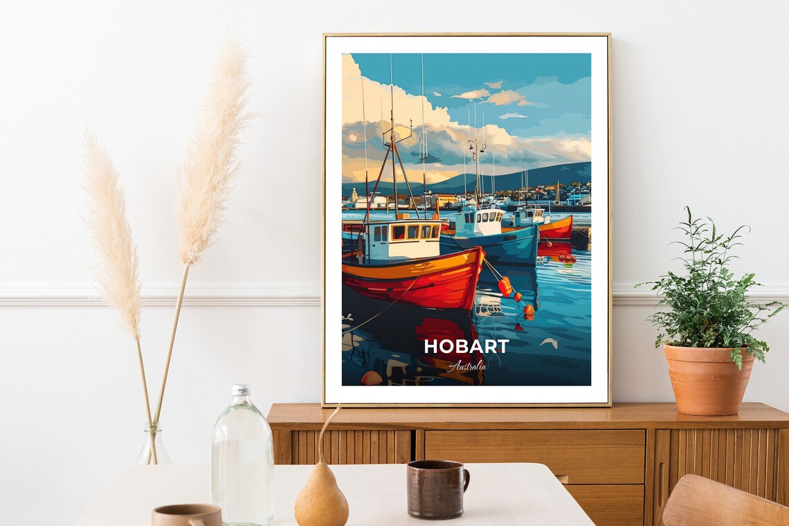 Hobart Australia Colorful Fishing Boats in Harbor Travel Poster - Image 3