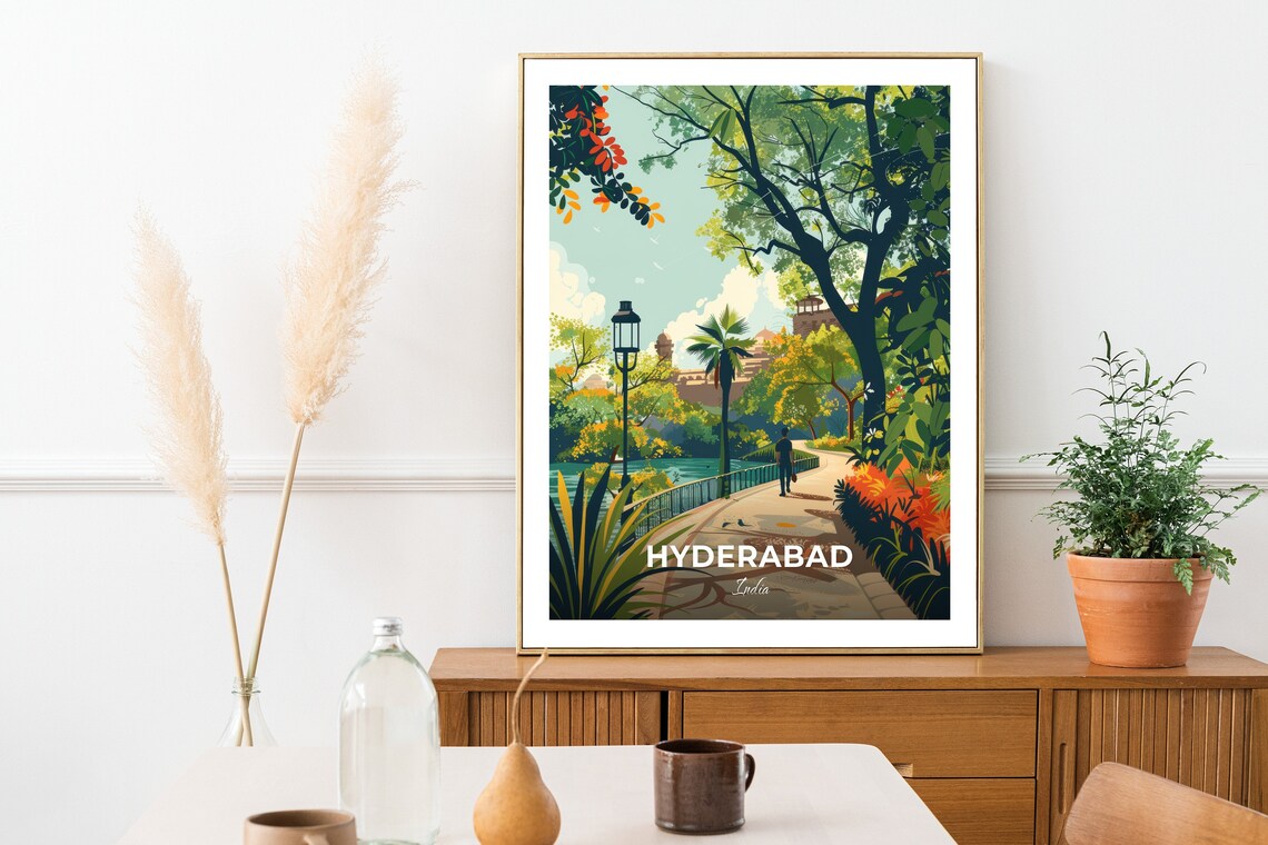 Hyderabad India Lush Gardens Park Travel Illustration Poster - Image 2