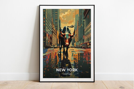 New York Wall Street Charging Bull Travel Poster Golden City Art