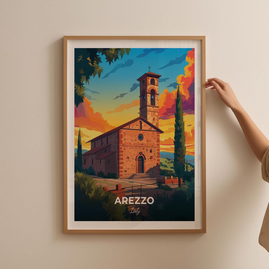 Arezzo Italy Stone Church Sunset Cypress Tuscan Scene Travel Poster - Image 2
