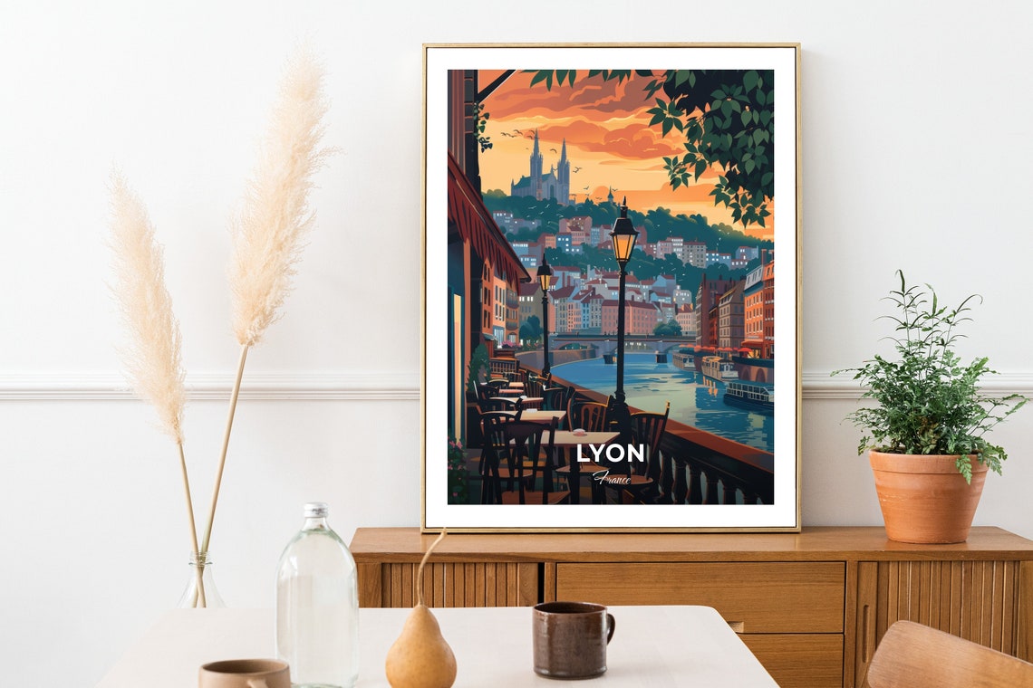 Lyon France Riverside Cafe Terrace Sunset Vintage Travel Poster - Image 2