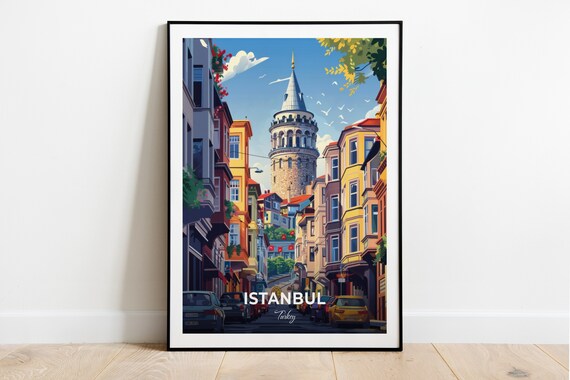 Istanbul Turkey Galata Tower Colorful Old Street Travel Poster