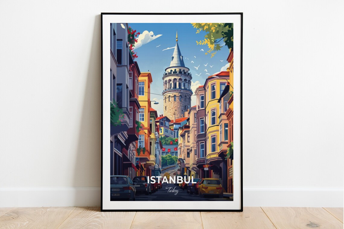 Istanbul Turkey Galata Tower Colorful Old Street Travel Poster