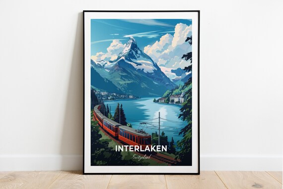 Interlaken Switzerland Jungfrau Mountain Lake Red Train View Poster