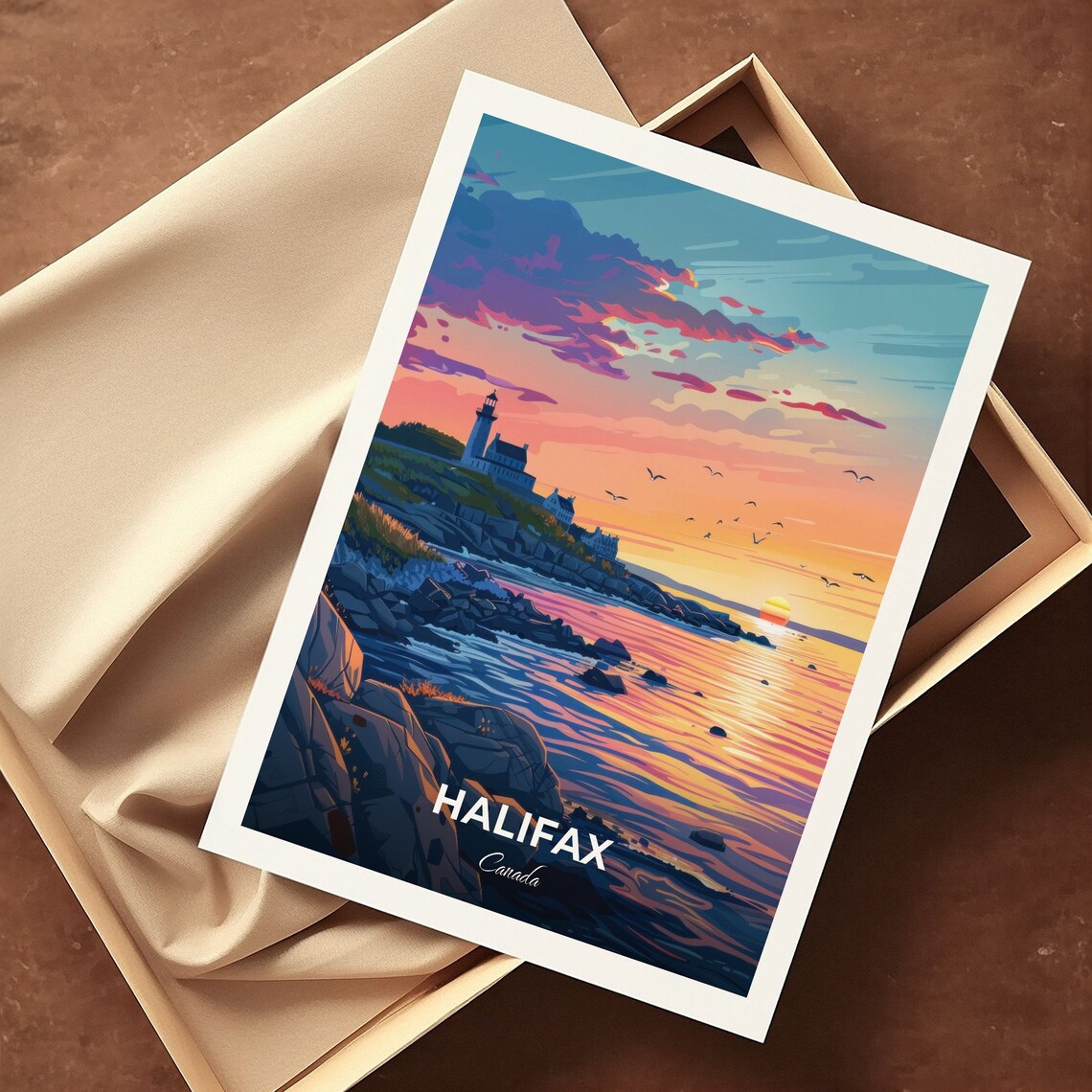 Halifax Canada Lighthouse Rocky Coast Golden Sunset Ocean Travel Poster - Image 3