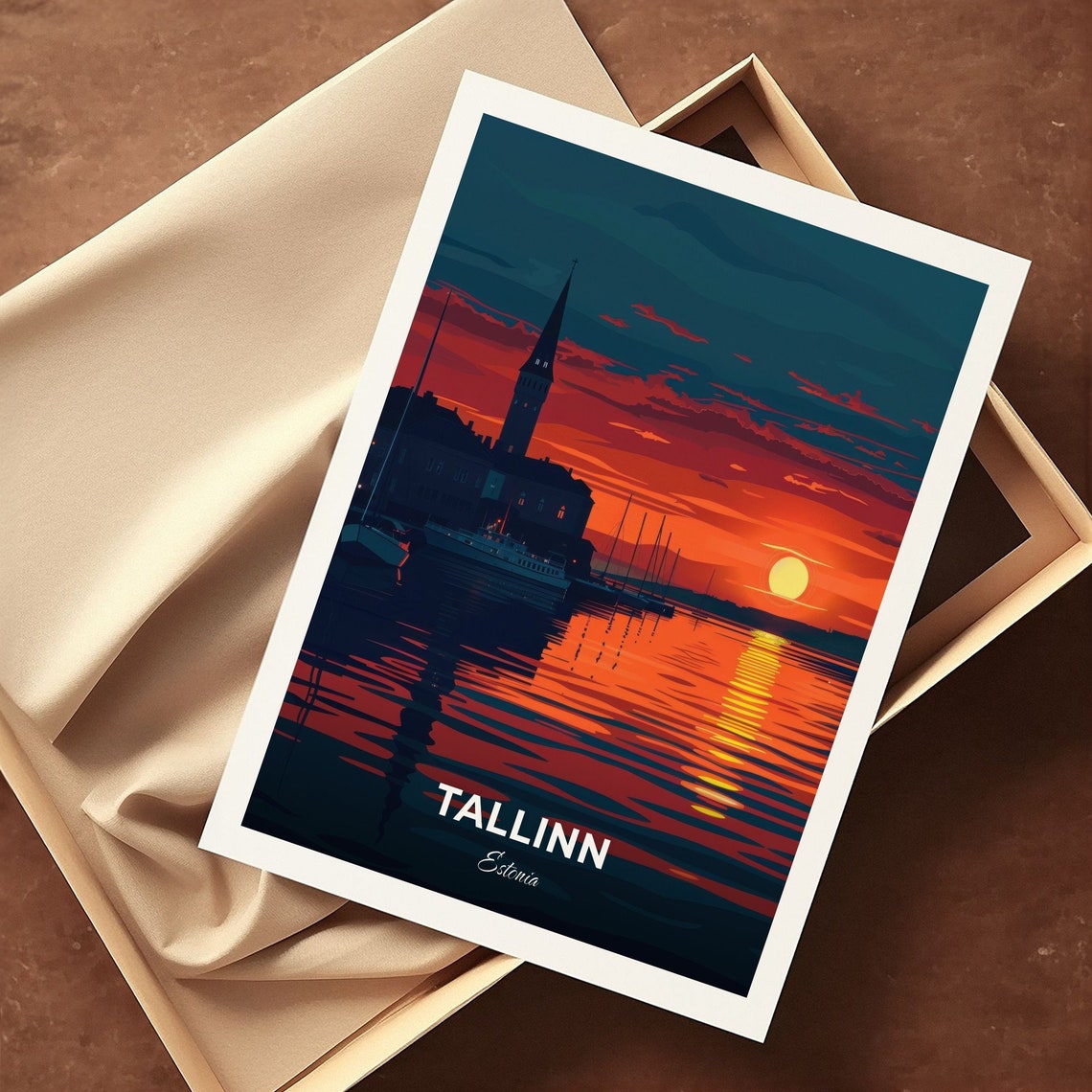 Tallinn Estonia Dusk Harbor Silhouette Setting Sun Water Travel Poster - Image 3