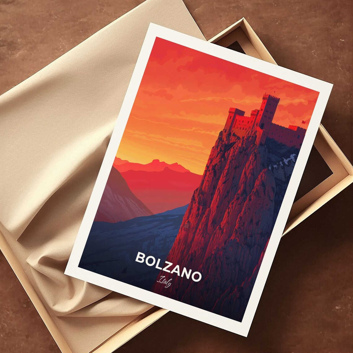 Bolzano Castle Atop Rocky Cliff Red Sunset Italy Mountain Travel Poster - Image 3