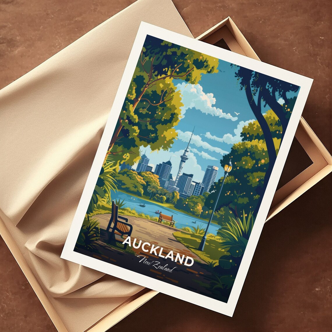 Auckland Albert Park Skyline Sky Tower Bench View Travel Poster - Image 3