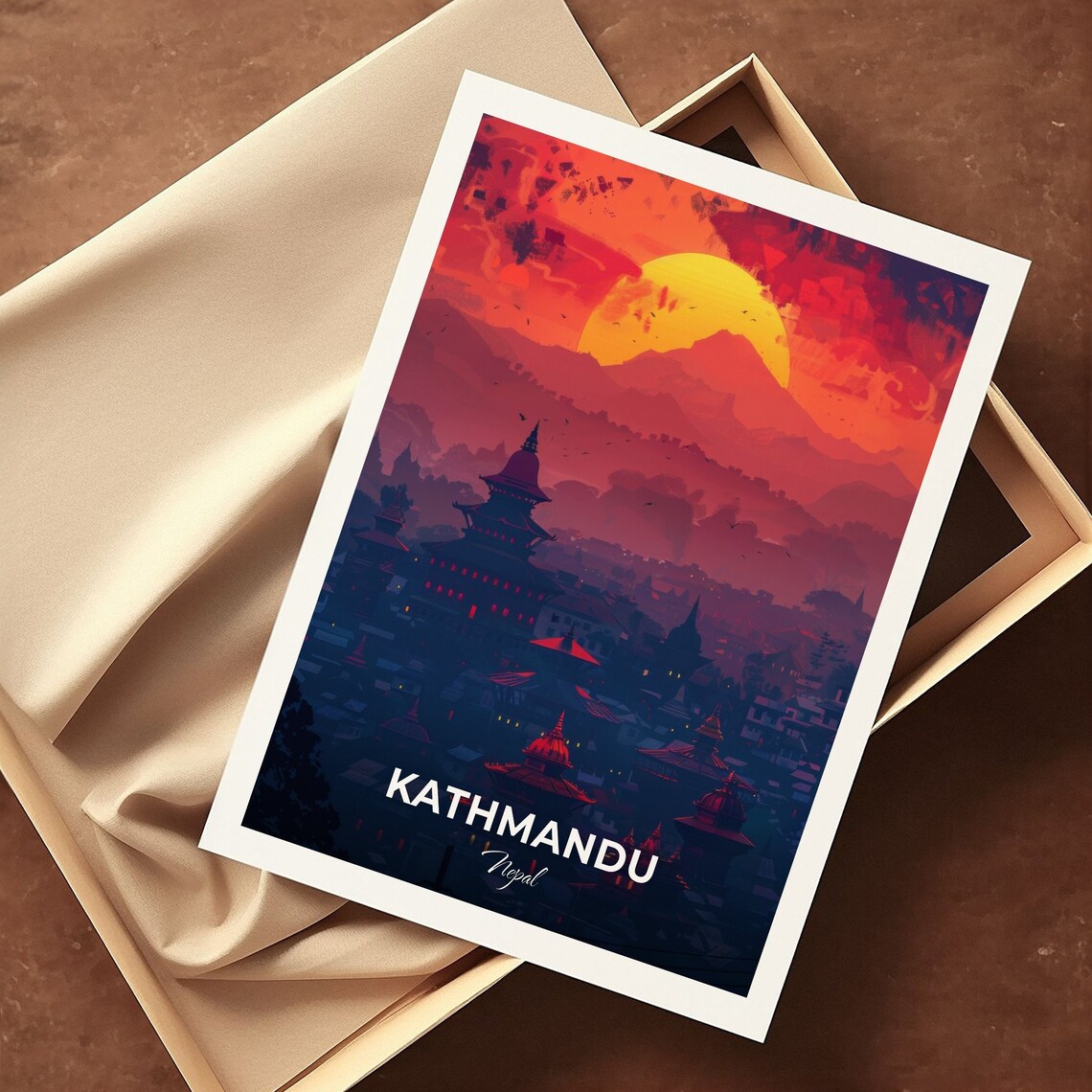 Kathmandu Nepal Temple Sunrise City Silhouette Travel Poster - Image 3