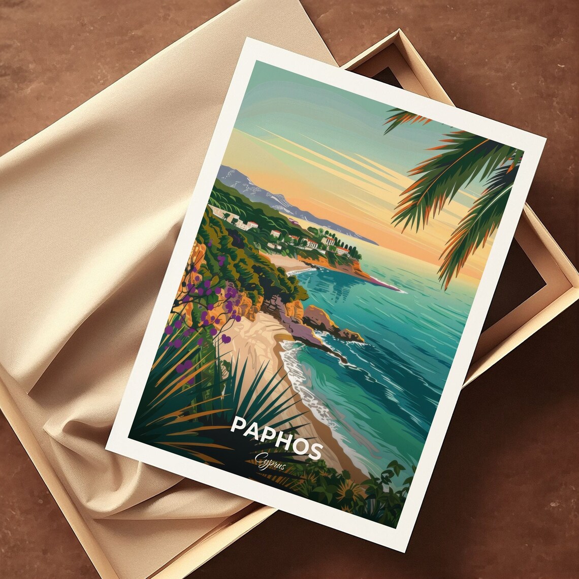 Paphos Cyprus Sunset Beach Cove Palm Fronds Travel Art Poster - Image 3