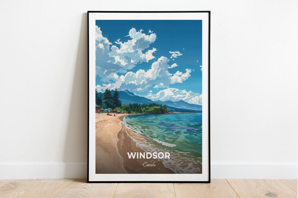 Windsor Canada Sandpoint Beach Lake Shore Mountains Travel Poster