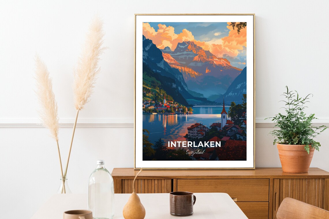 Interlaken Switzerland Travel Poster Sunset Lake Alpine Town Artwork - Image 2