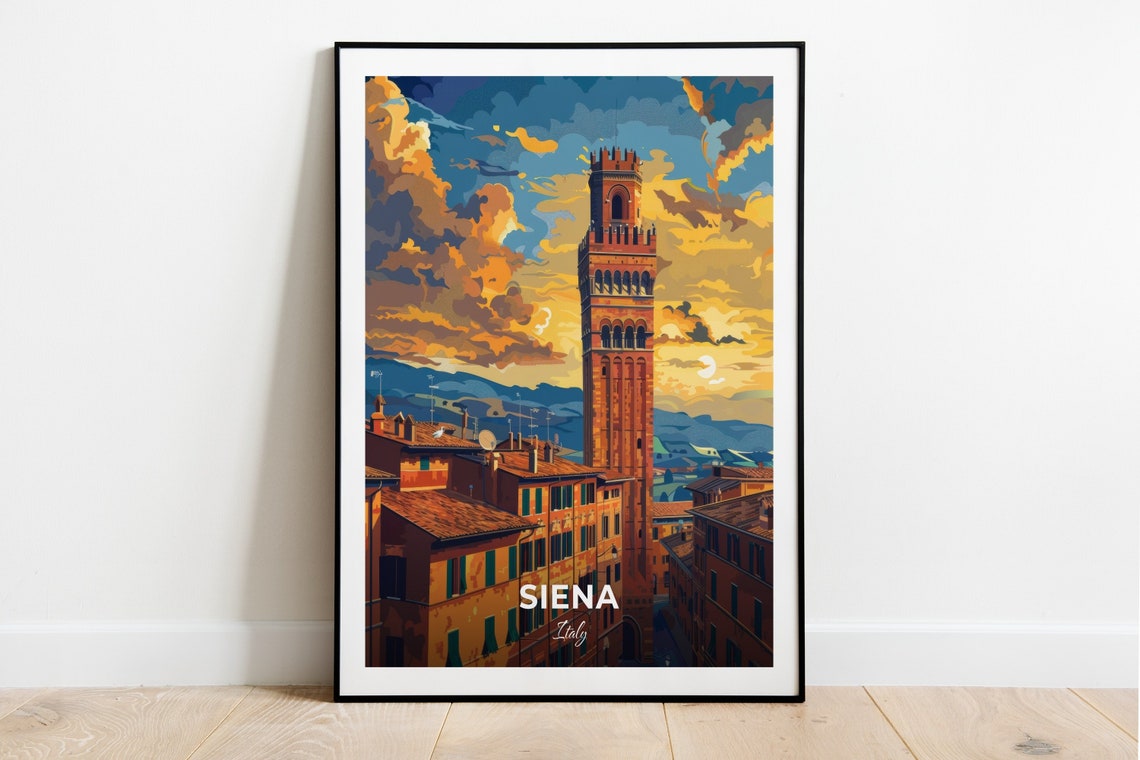 Siena Italy Medieval Brick Tower Sunset Rooftop Travel Poster