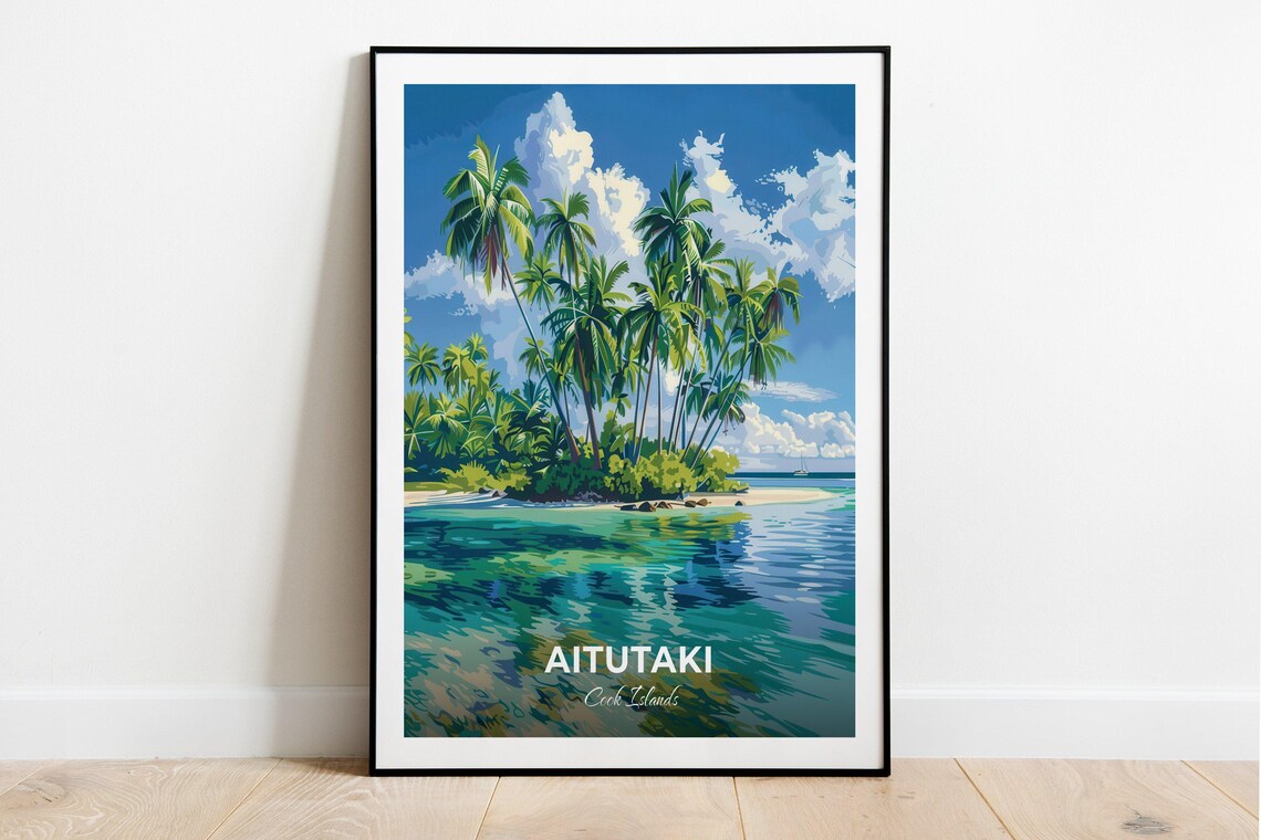 Aitutaki Cook Islands Palm Islet Turquoise Lagoon Travel Poster