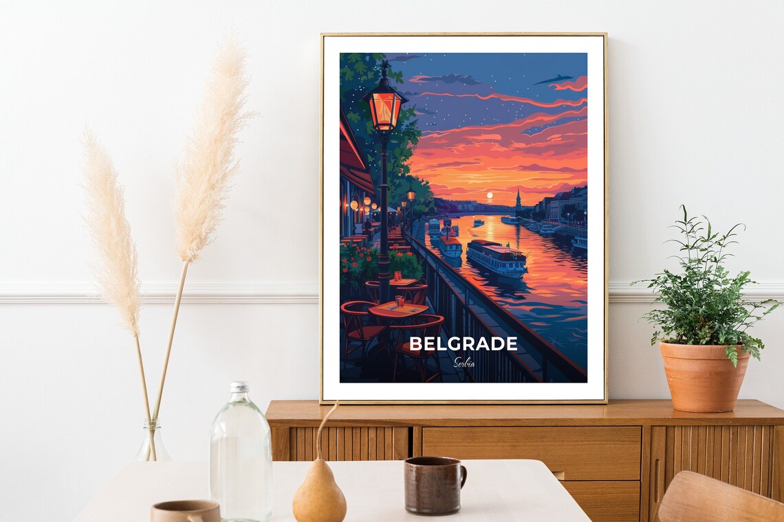 Belgrade Zemun Quay Riverside Sunset Cafes Boats Travel Poster - Image 2