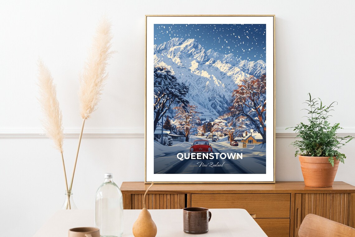 Queenstown Remarkables Snowy Street Winter Red Car Travel Poster - Image 2