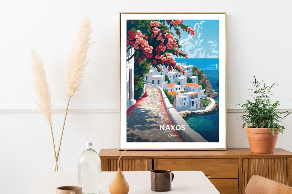 Naxos Greece Whitewashed Old Town Lane Bougainvillea Sea Travel Poster - Image 2