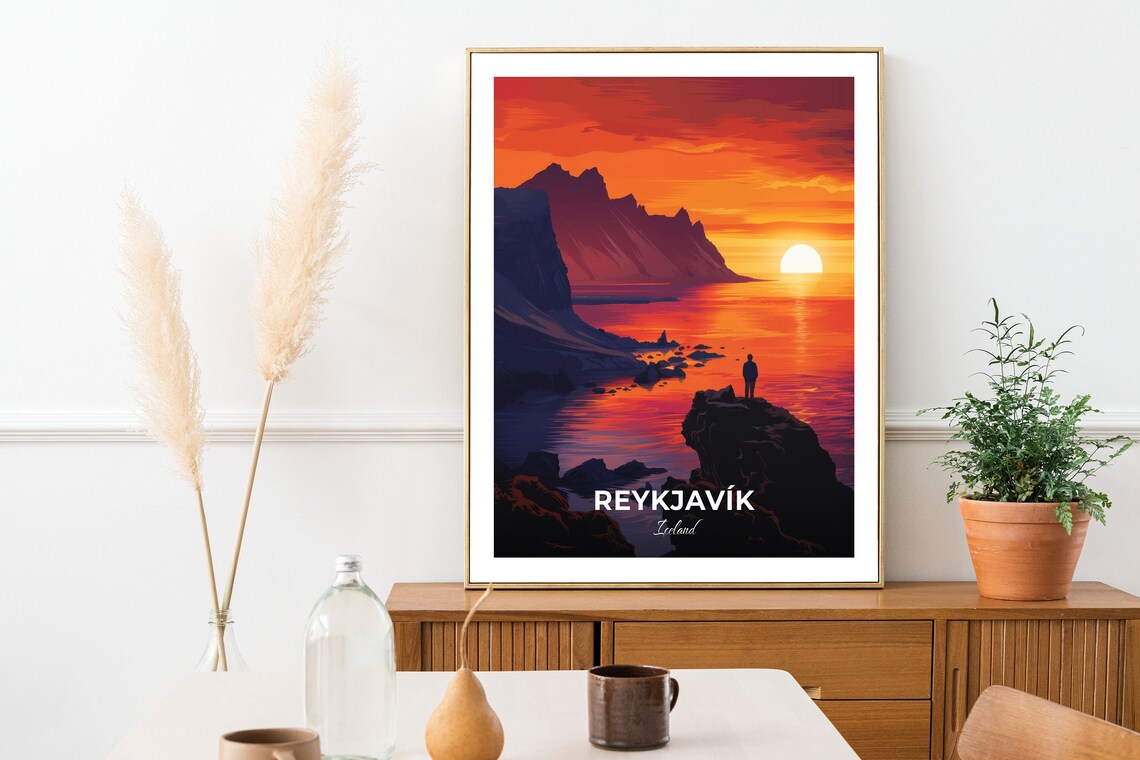 Reykjavik Iceland Travel Poster Fiery Sunset Sea Cliff Artwork - Image 2