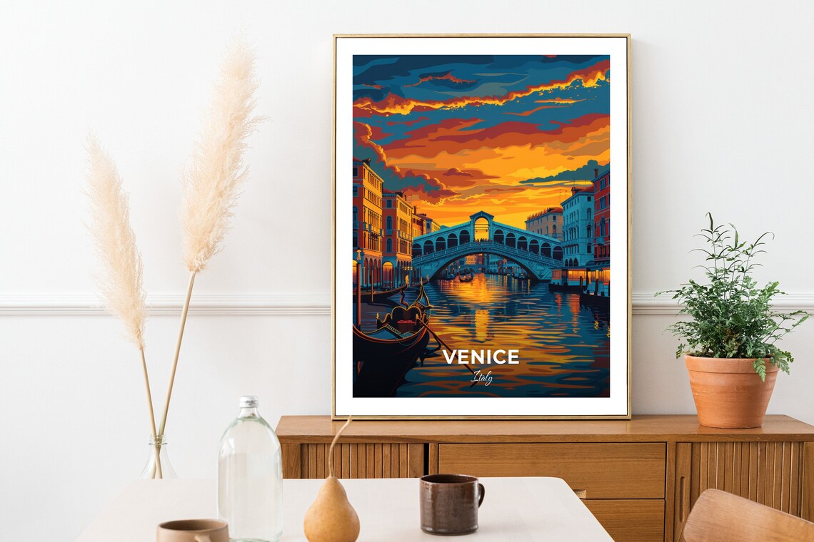 Venice Italy Rialto Bridge And Gondolas In A Fiery Sunset Poster - Image 2