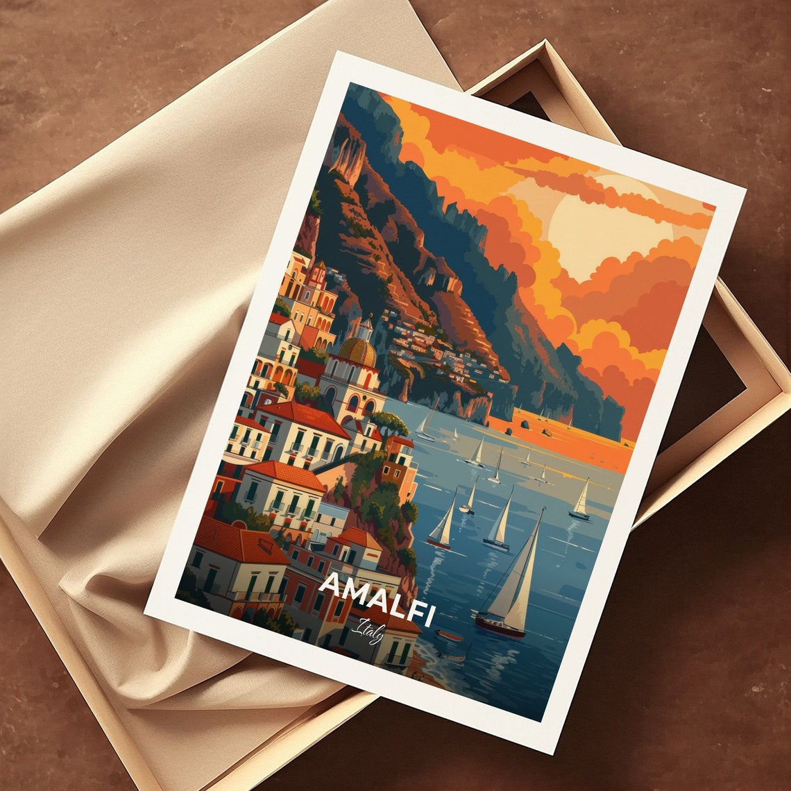 Amalfi Italy Cliffside Town Sunset Sails Mediterranean Poster - Image 3