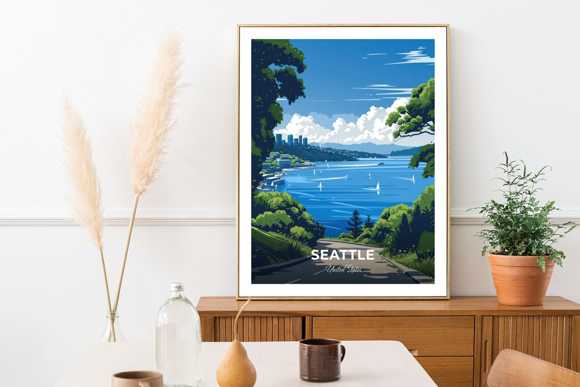 Seattle Lake Union Sailboats Skyline Blue Water United States Travel Poster - Image 2