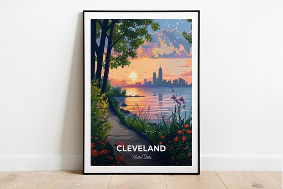 Cleveland Lake Erie Sunset Shore Path Wildflowers United States Poster