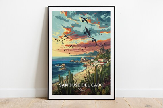 San Jose del Cabo Beach Cliffs Birds at Sunset Mexico Coastline Travel Poster