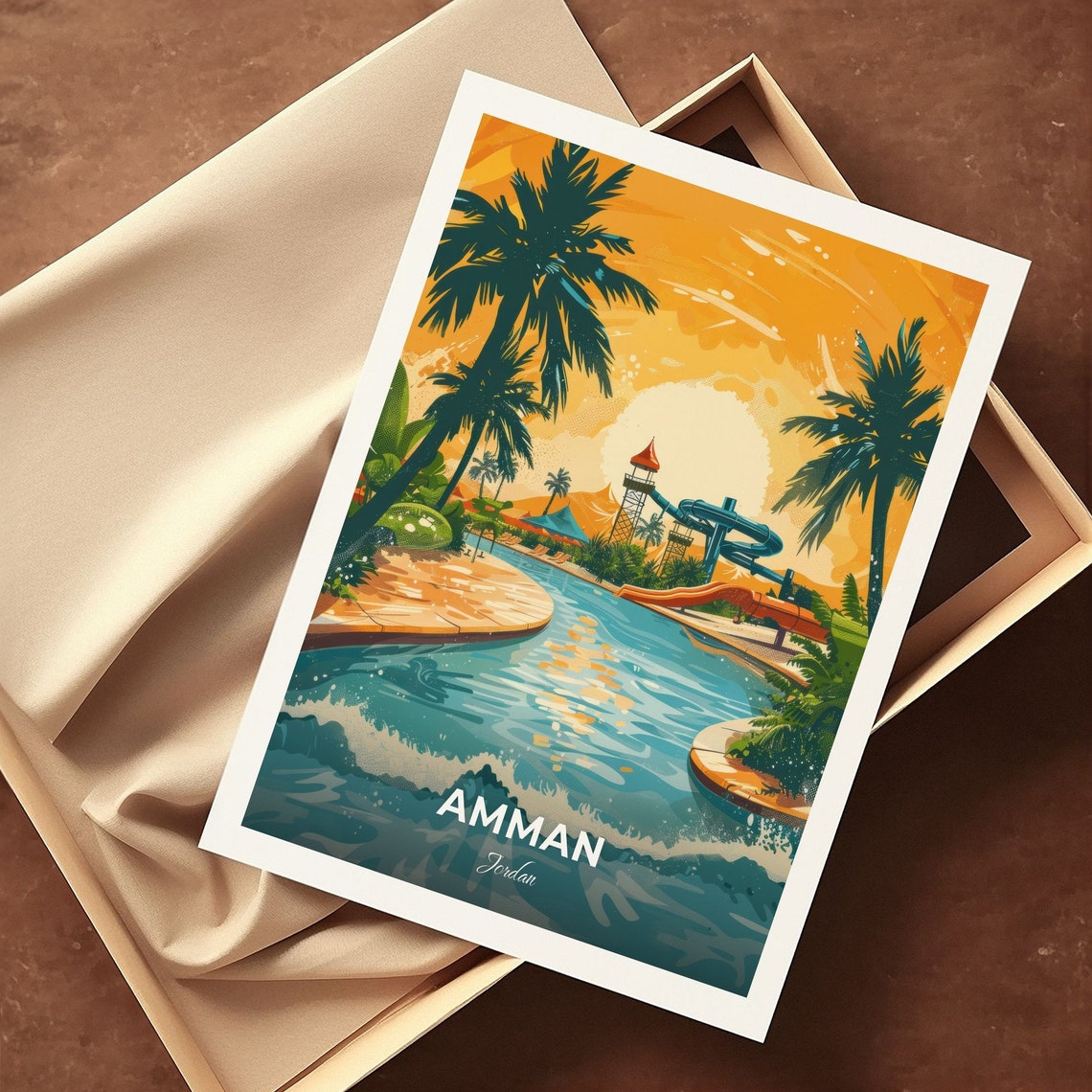 Amman Jordan Water Park Wave Pool Slides Sunset Travel Poster - Image 3