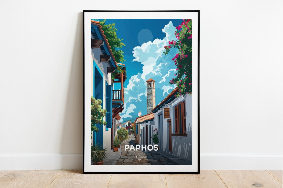 Paphos Cyprus Old Town Street Blue Shutters Bougainvillea Poster