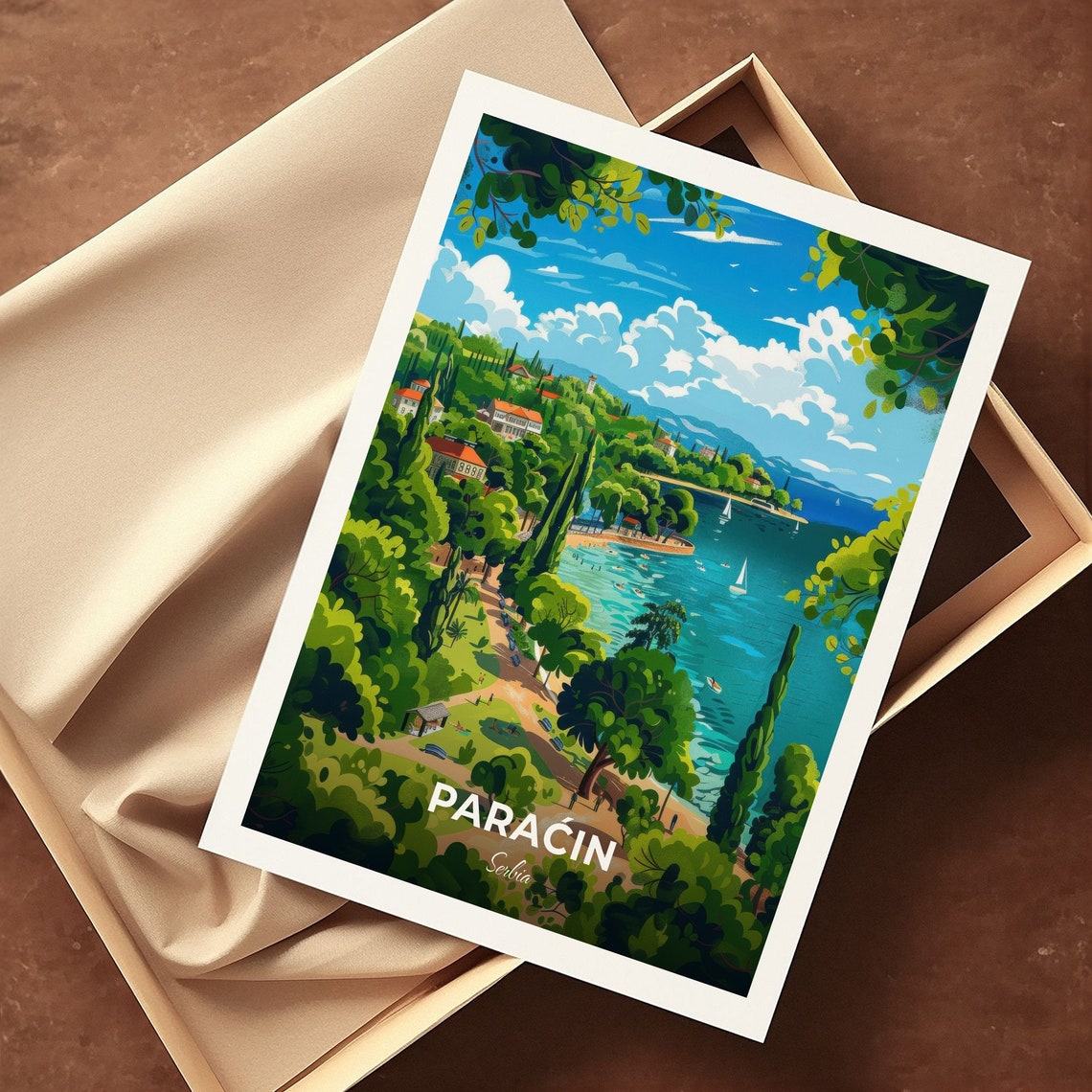 Paracin Serbia Riverside Park Cypress Trees Sailboat Travel Poster - Image 3