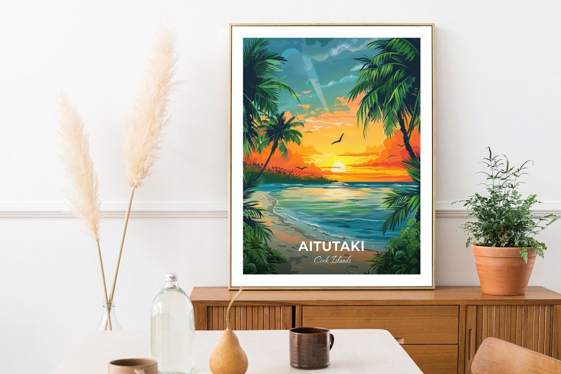 Aitutaki Cook Islands Tropical Beach Sunset Palms Travel Poster - Image 3